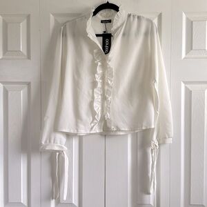 Boohoo | White Button Down Top | with ruffle collar | size L